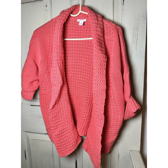 Chico’s Open Front Crochet Knit Cardigan Coral Sz 1 - Picture 1 of 6